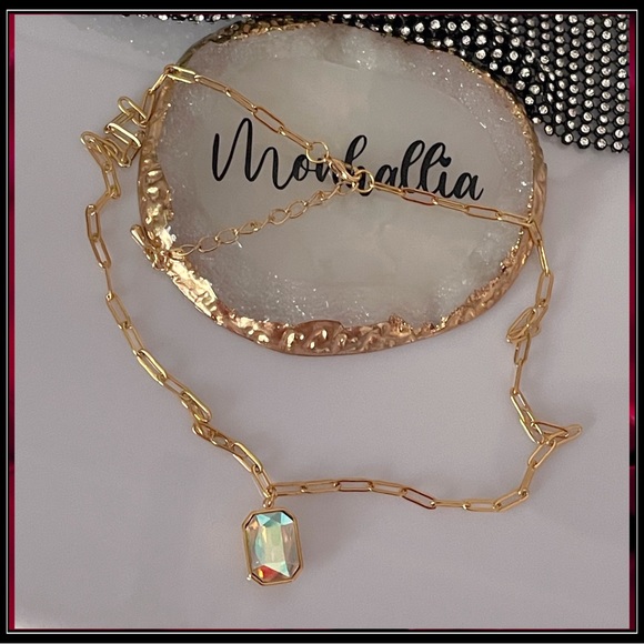 14k Gold Aurora Borealis Prism Emerald Cut Crystal Minimalist Necklace - Picture 5 of 7